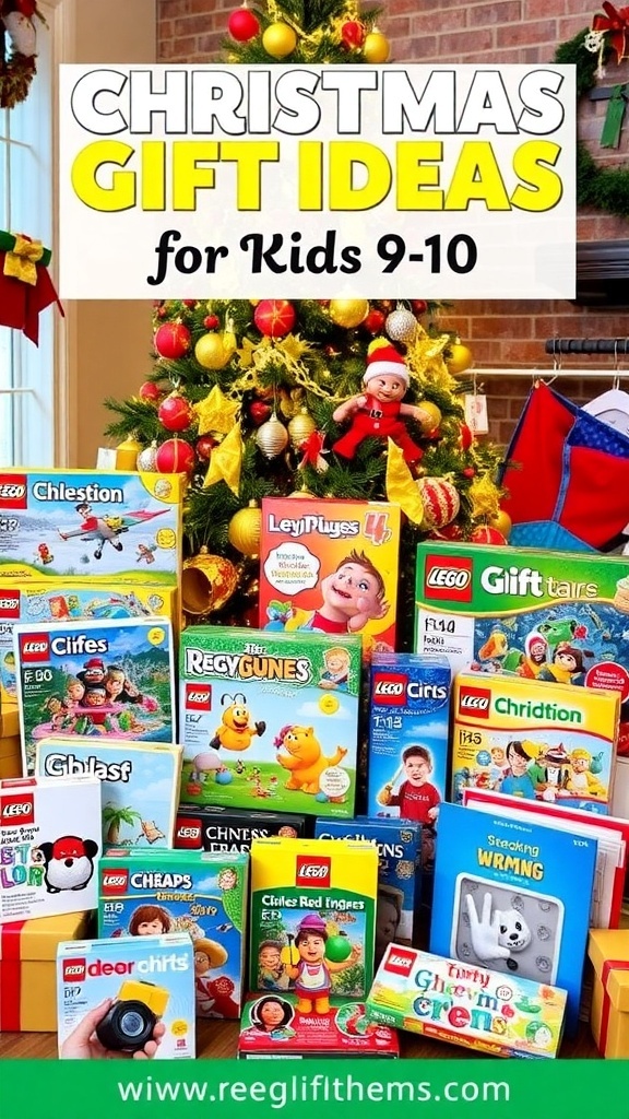 A collection of Christmas gifts for kids including LEGO sets, art supplies, and board games under a Christmas tree.